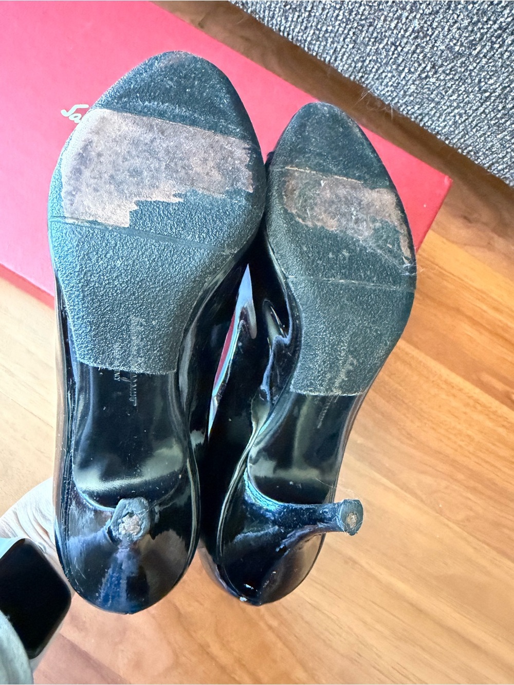 Salvatore Ferragamo Black Patent Peep-Toe Pumps with Bow size 7B - Picture 10 of 16